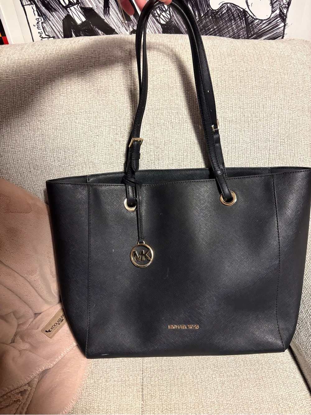 Michael Kors Black Leather Tote with Gold Accents